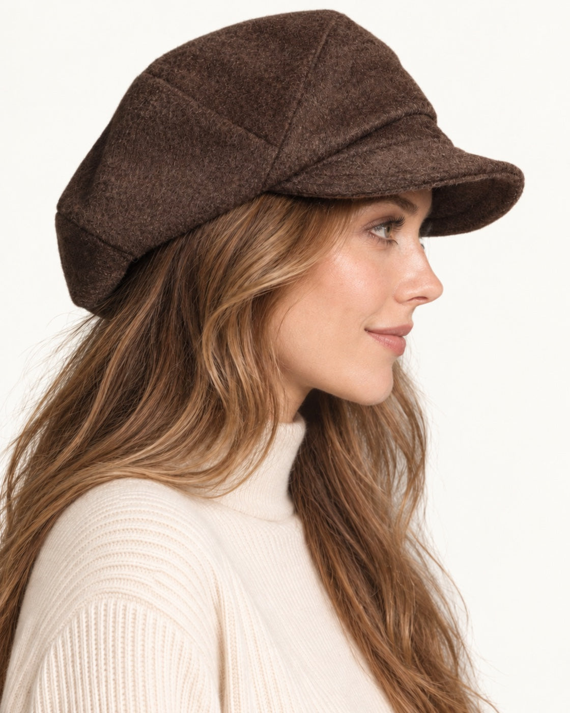 Coffee brown 100% wool 5-way cap worn by a smiling model, side profile