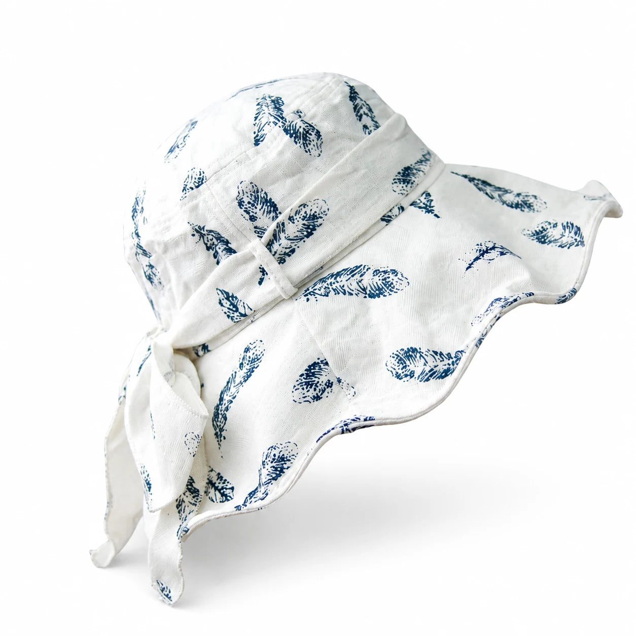 Ivory feather-print bucket hat, side view