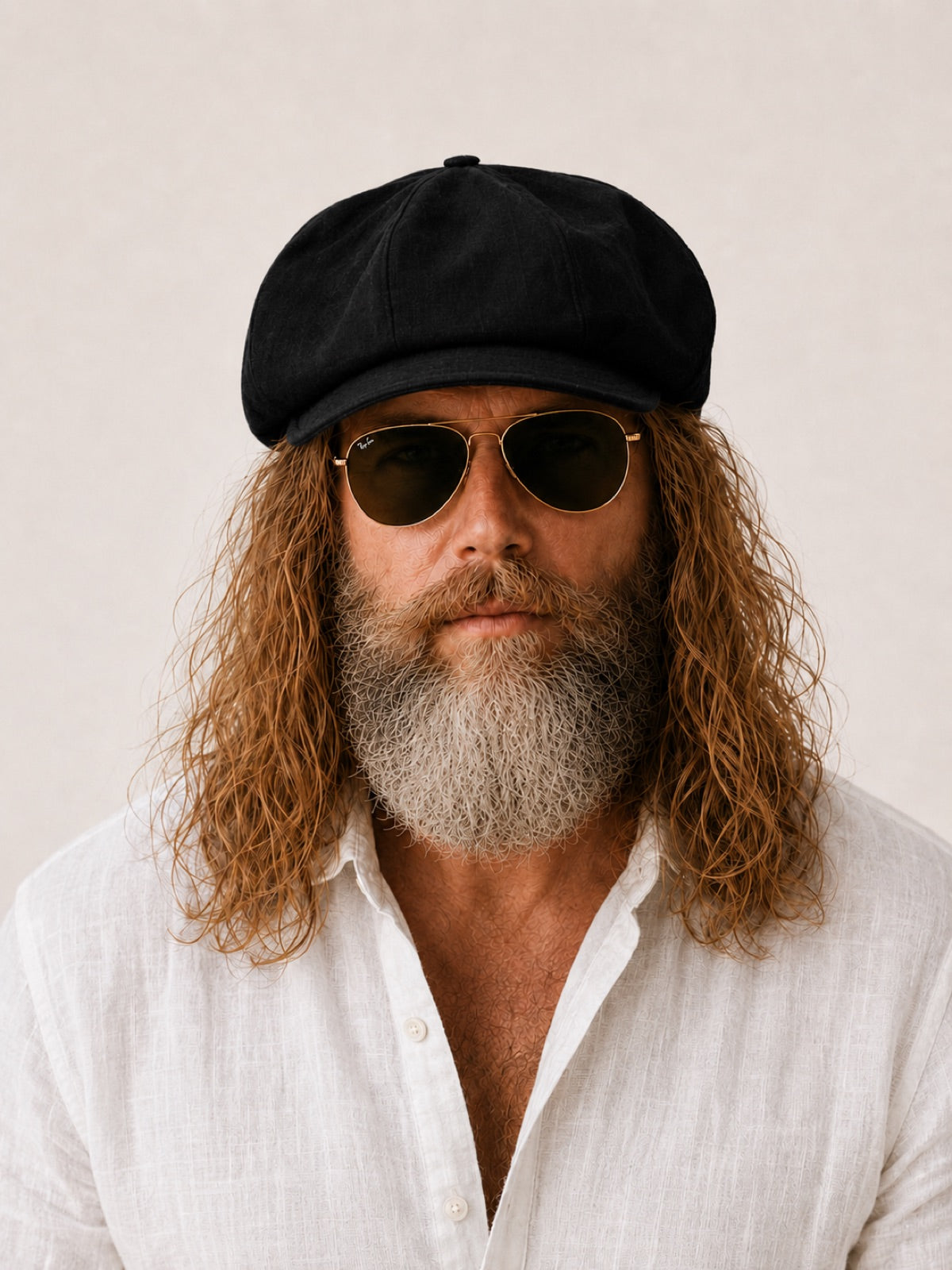 Man wearing black linen newsboy baker boy cap