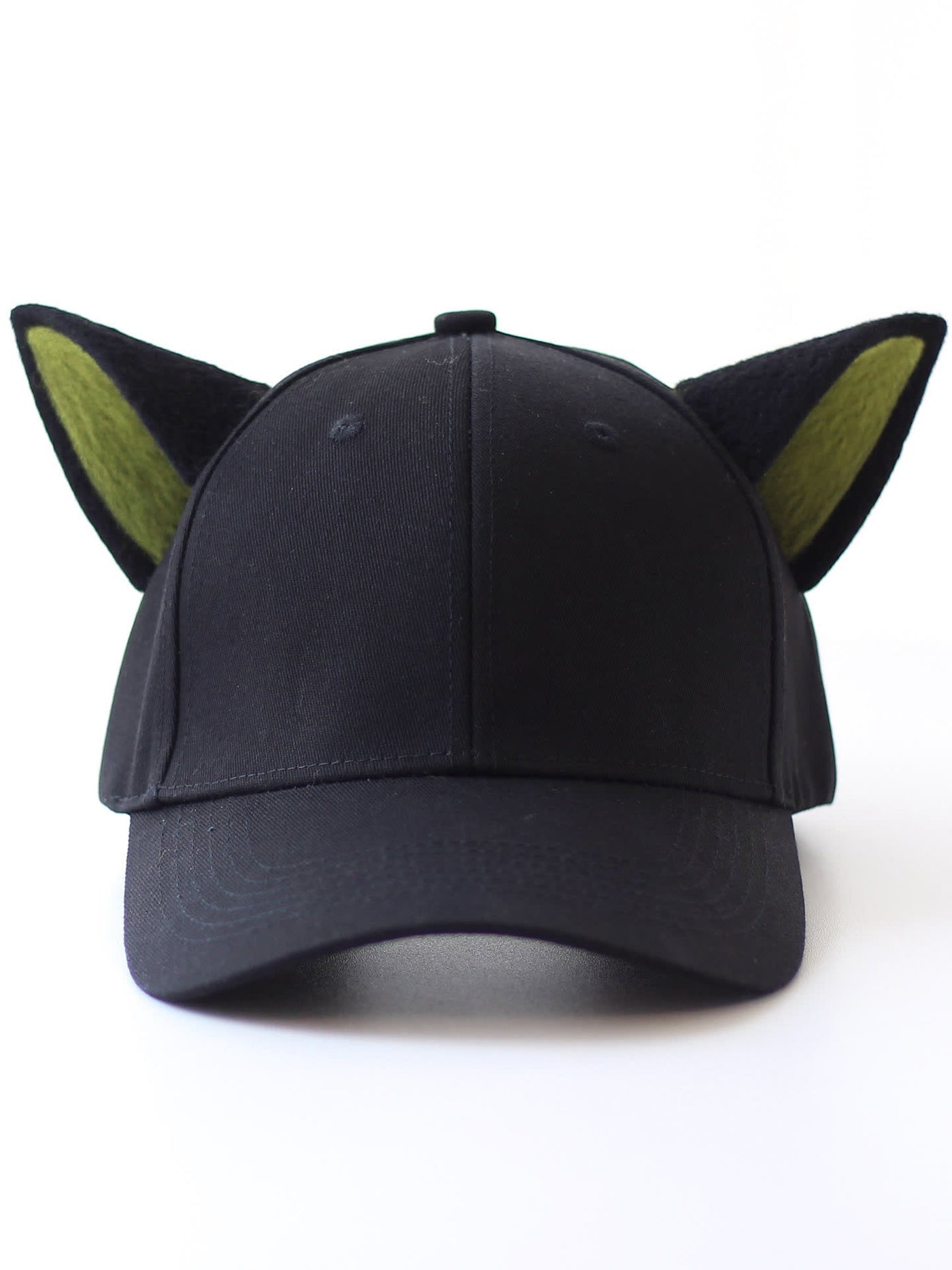 Black baseball cap with hand-sewn pointed ears and olive-green inner panels, front view