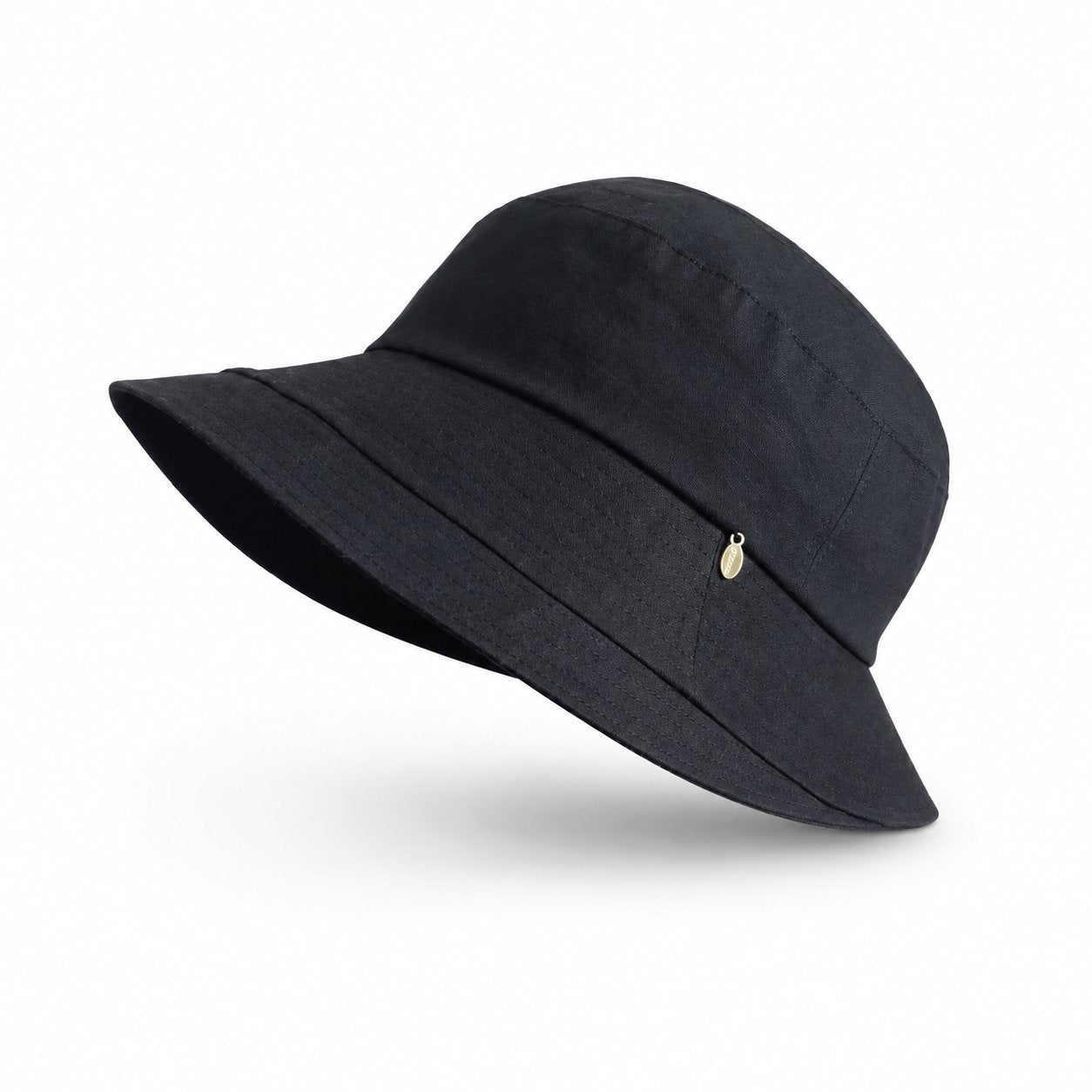 Women's cotton wide-brim sun hat in black, angled view