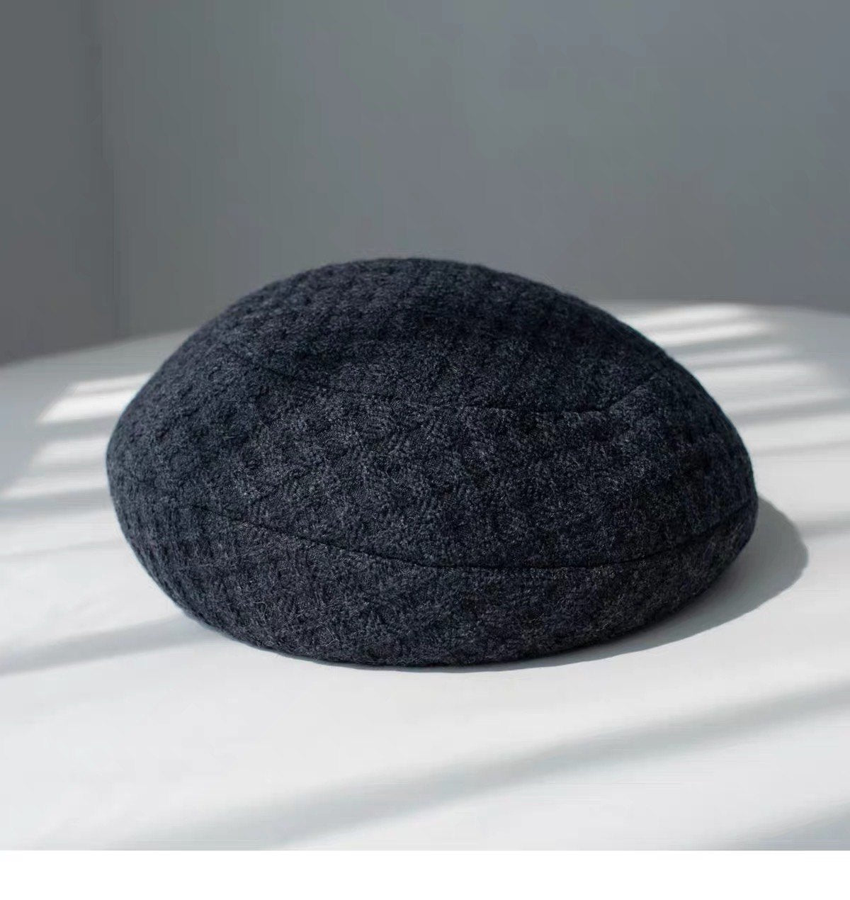 Charcoal gray structured textured wool beret, product view