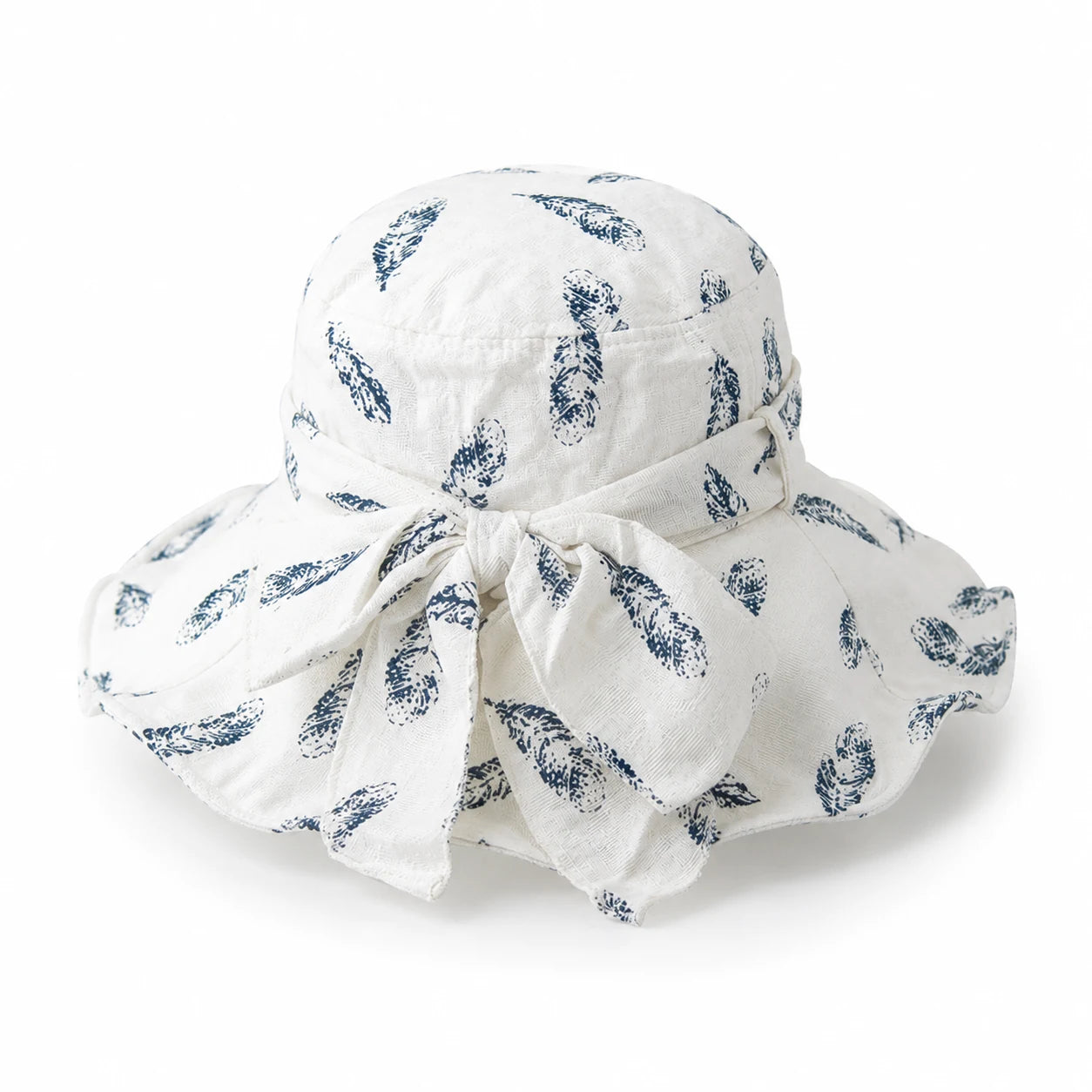 Ivory feather-print bucket hat, back bow
