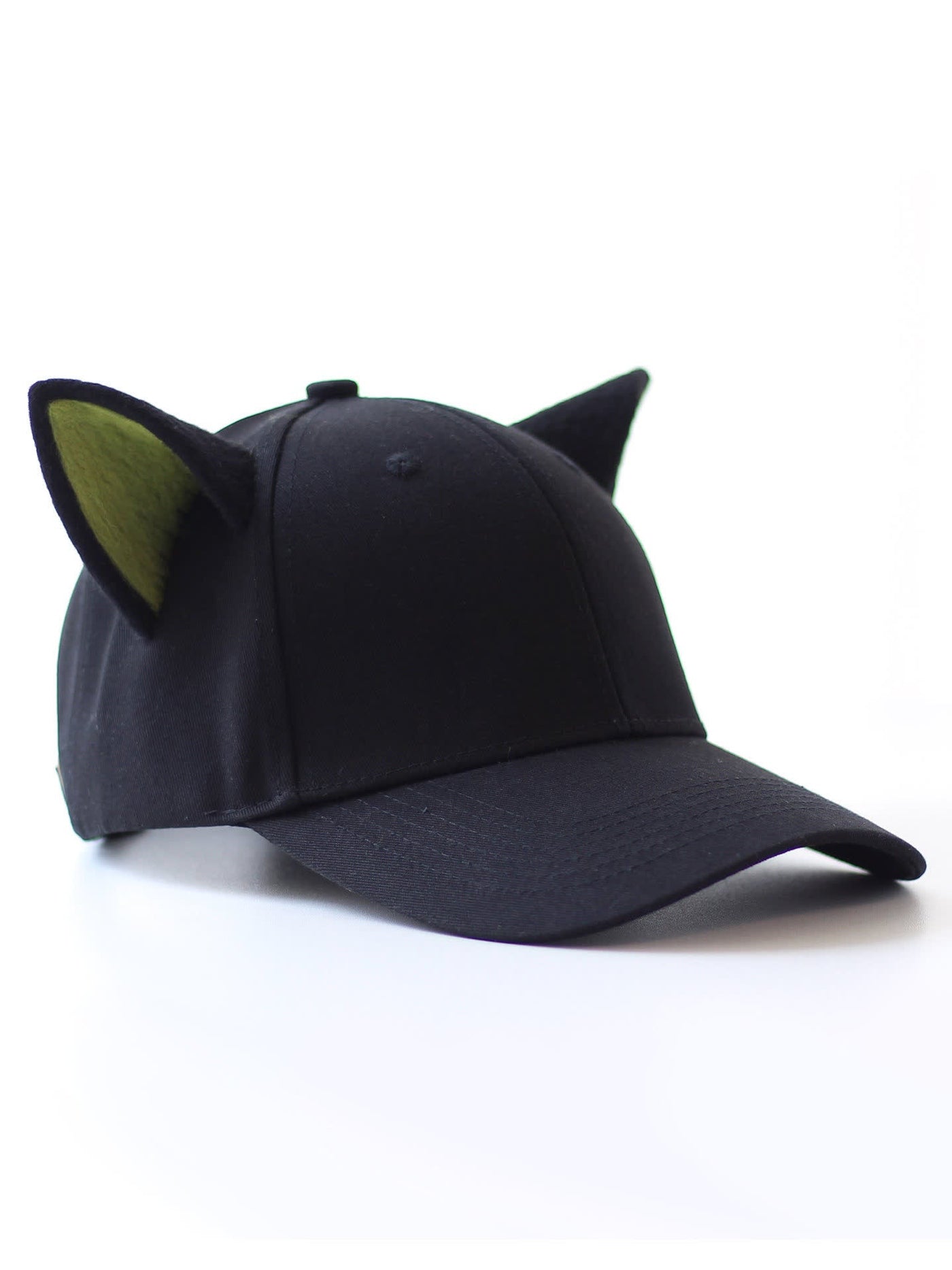 Black animal-ear baseball cap with olive inner ear panels, three-quarter right view
