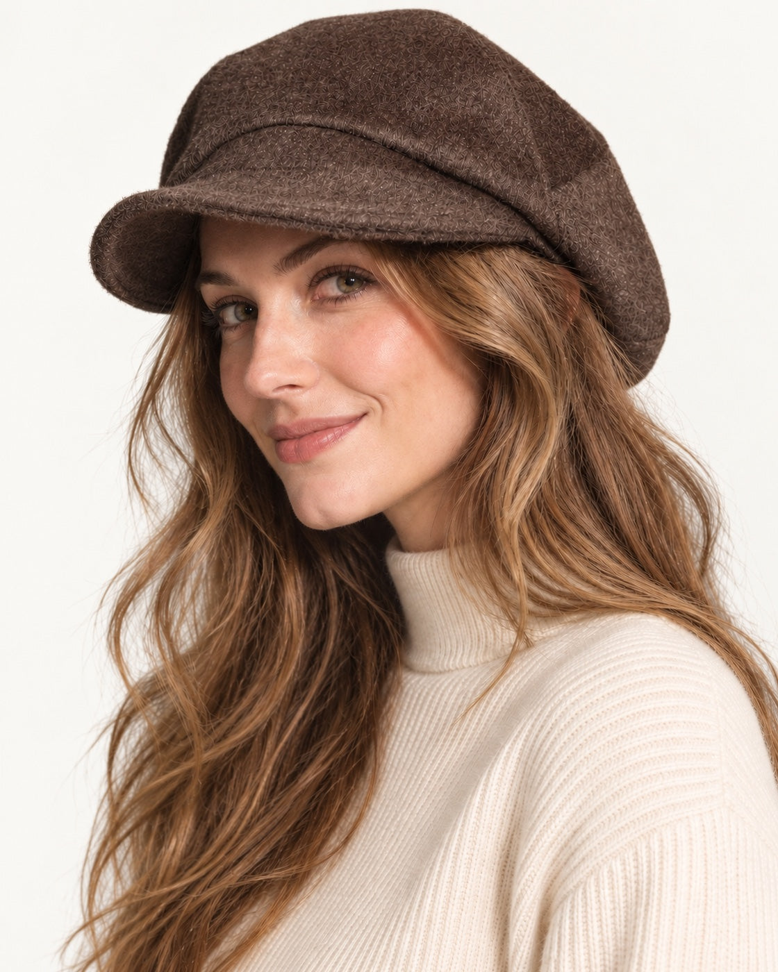 Coffee brown 100% wool 5-way cap worn by a smiling model, close three-quarter view
