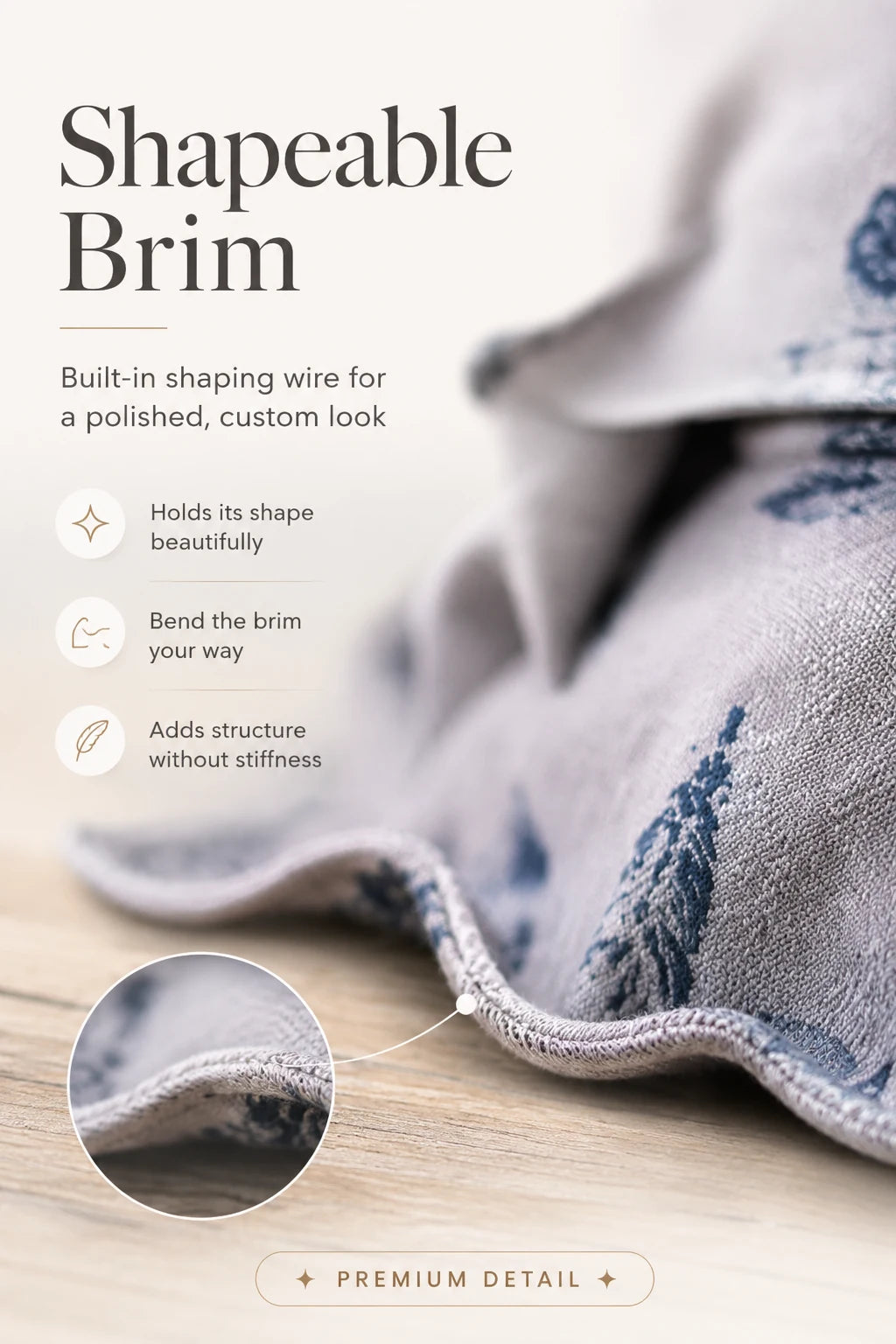 Shapeable brim with built-in shaping wire holds its shape