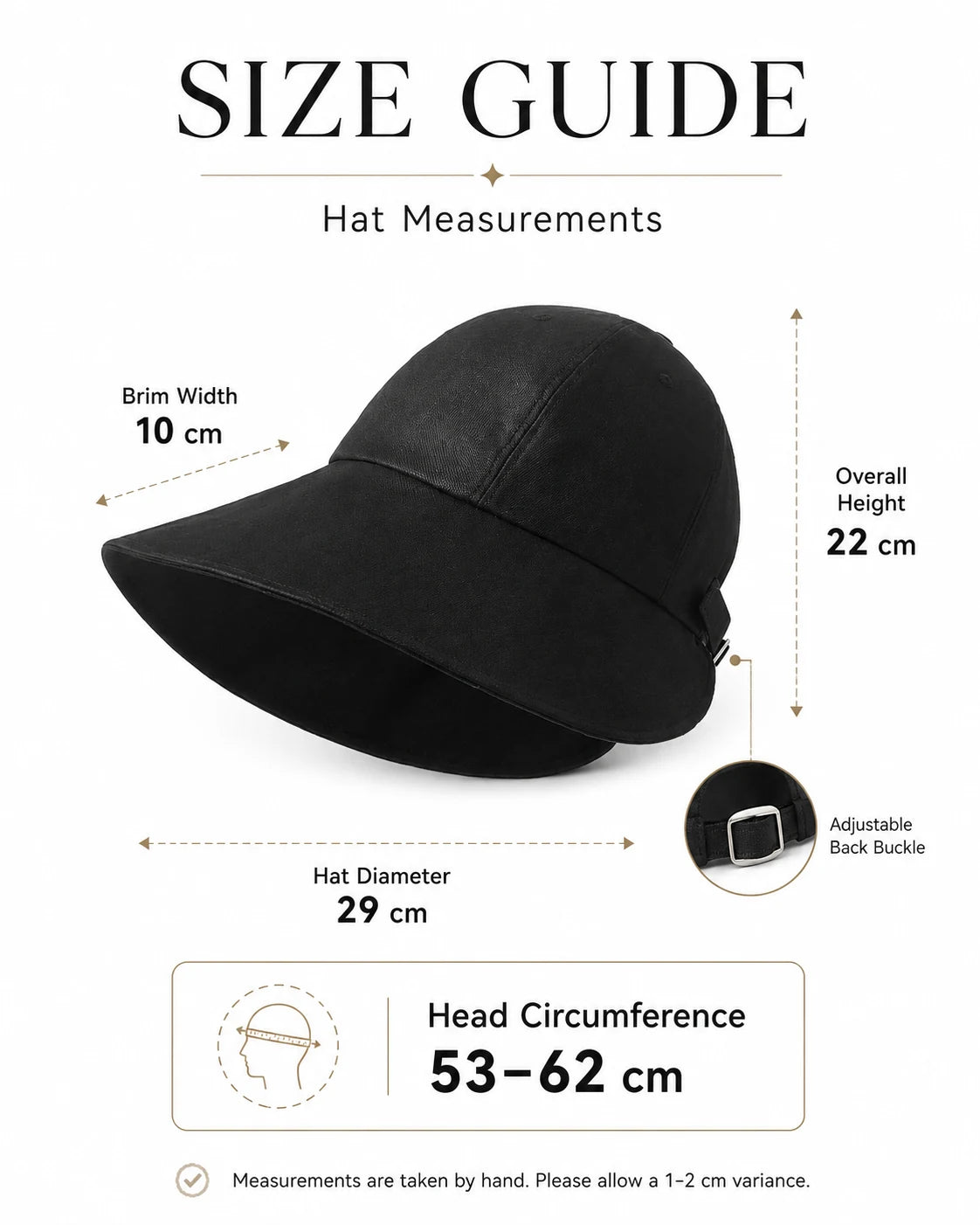 Size guide: linen sun hat brim 10cm, height 22cm, diameter 29cm, head 53-62cm