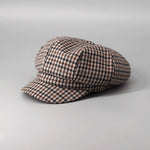 Plaid cotton newsboy cap in brown houndstooth — baker boy hat, apple jack hat style, adjustable unisex spring headwear