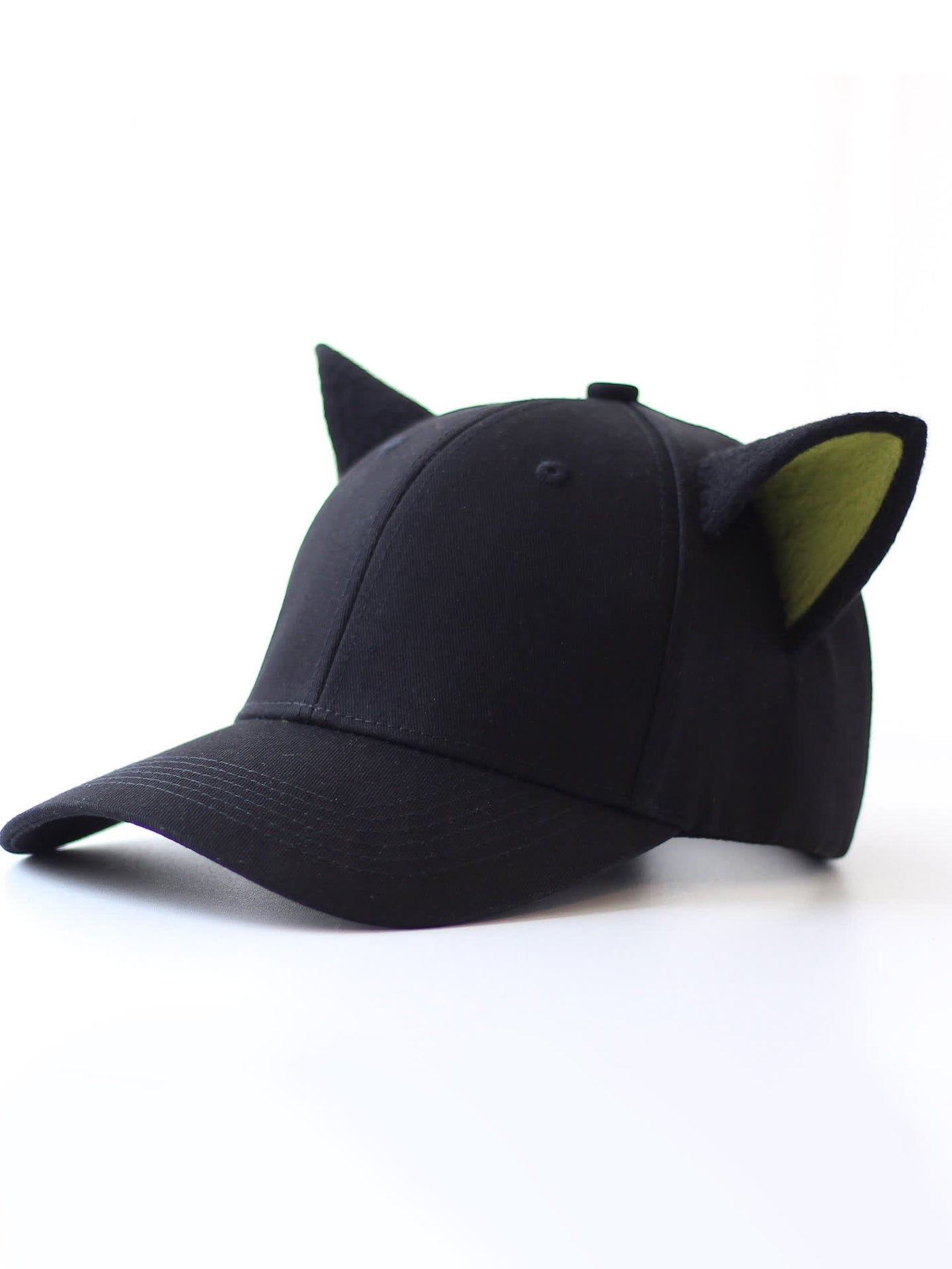 Black animal-ear baseball cap with olive inner ear panels, three-quarter left view