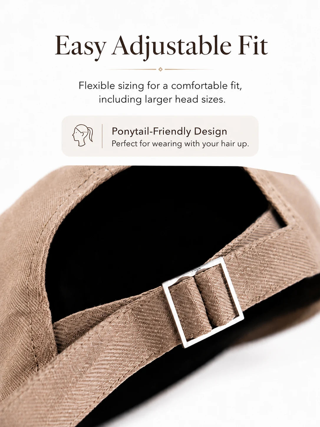 Adjustable ponytail-friendly back buckle on linen sun hat fits larger head sizes