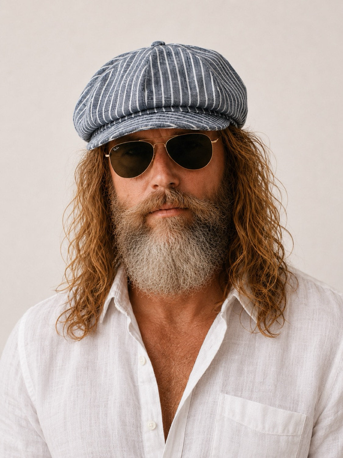 Man wearing blue striped linen newsboy cap