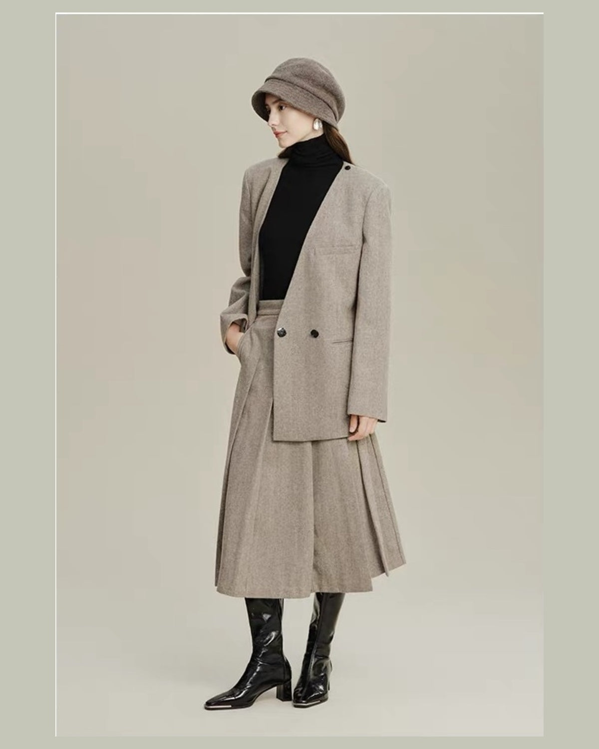 Full-body winter outfit featuring a taupe wool cloche hat