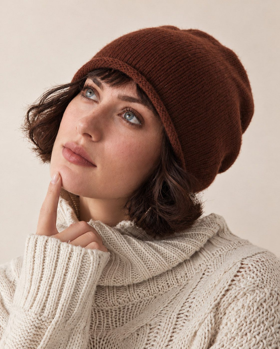 100% wool slouchy beanie - brown tilt