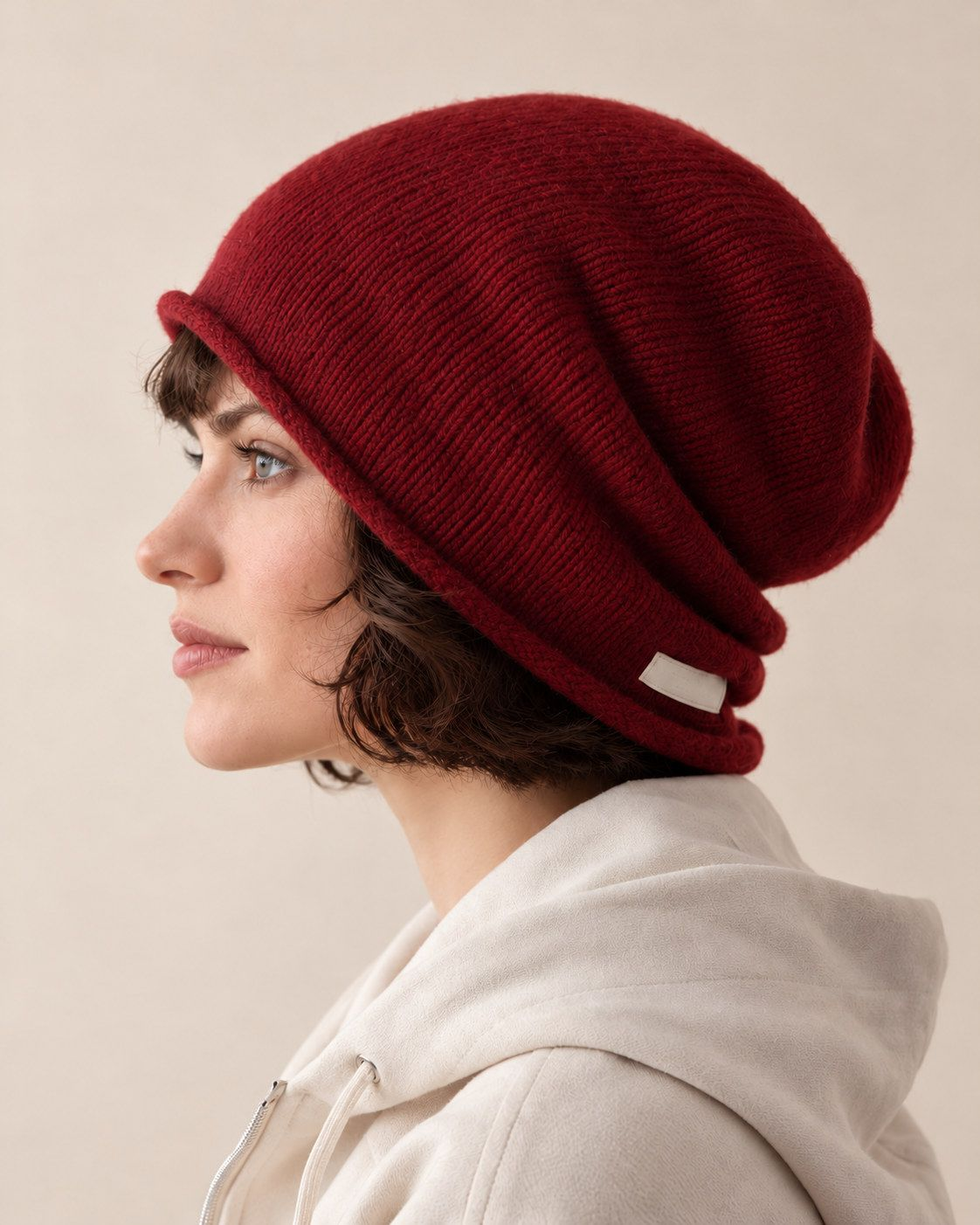 100% wool slouchy beanie - burgundy side