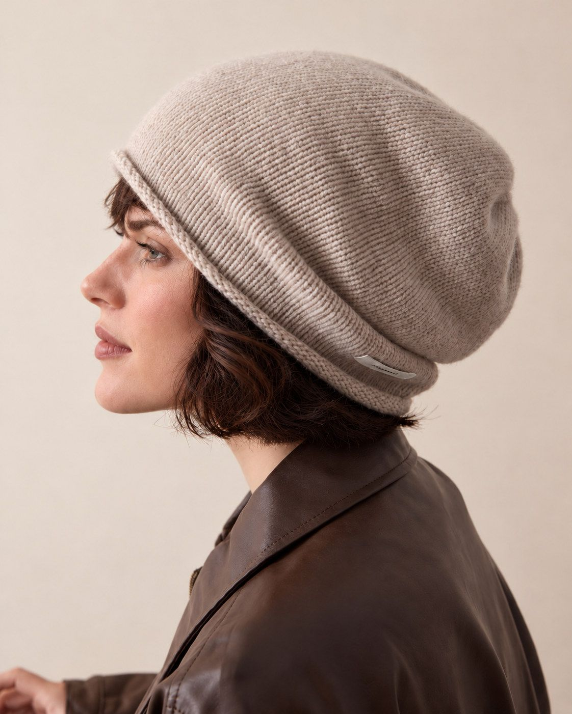 100% wool slouchy beanie - oatmeal side
