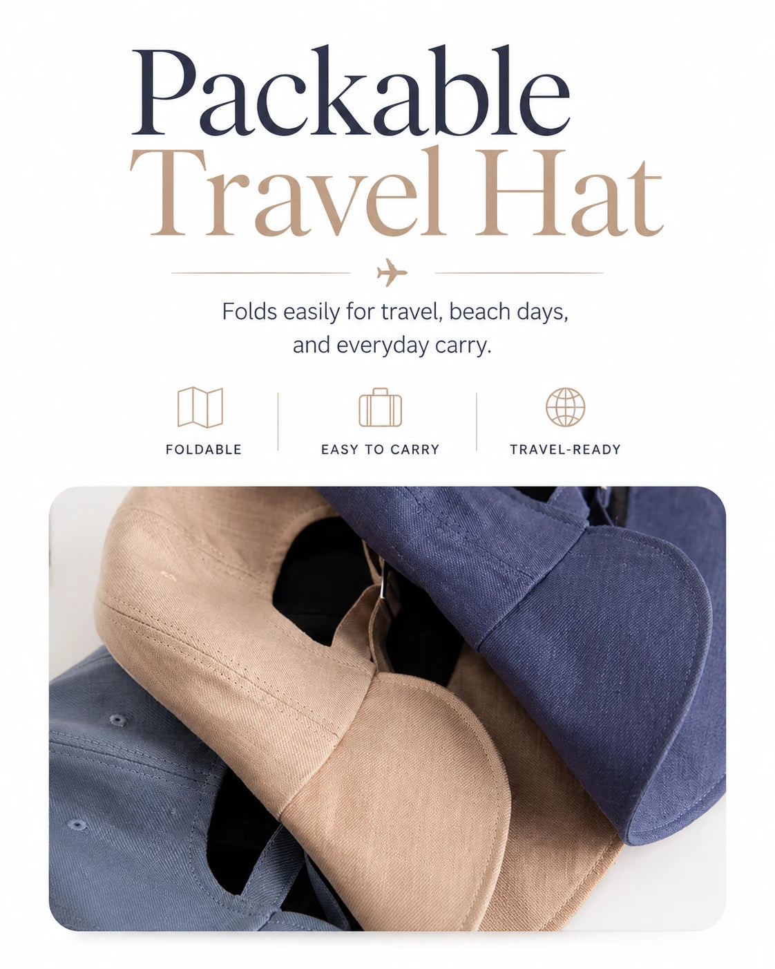 Packable foldable linen travel sun hat, easy to carry