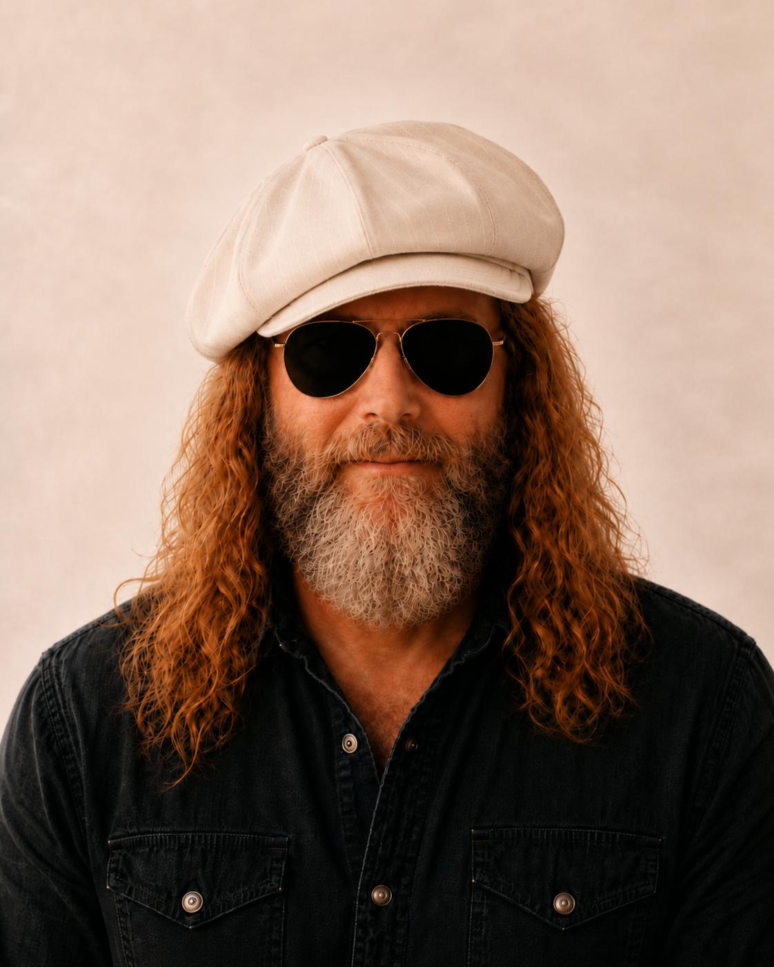 Man wearing beige striped linen newsboy baker boy cap