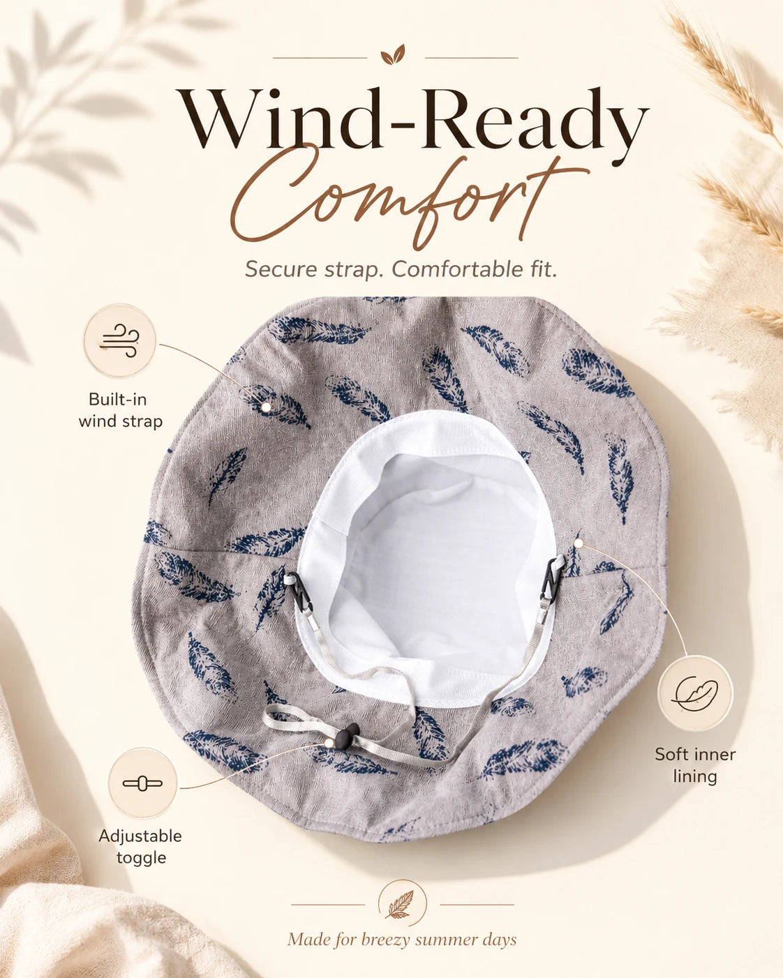 Wind-ready comfort: wind strap, adjustable toggle, soft lining