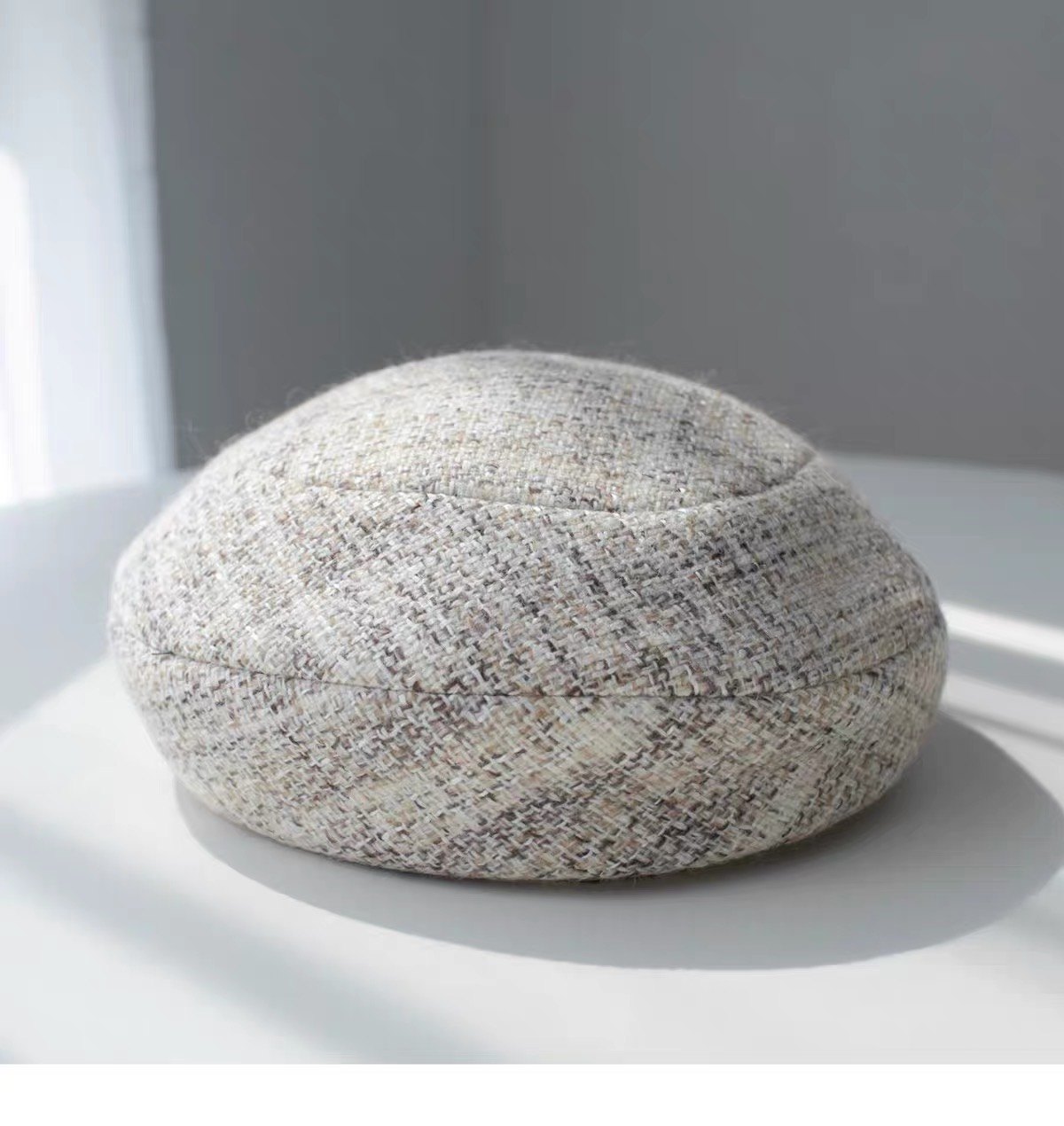 Beige structured textured wool beret, product view