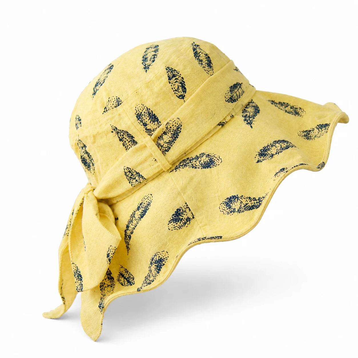 Yellow feather-print cotton-linen bucket hat