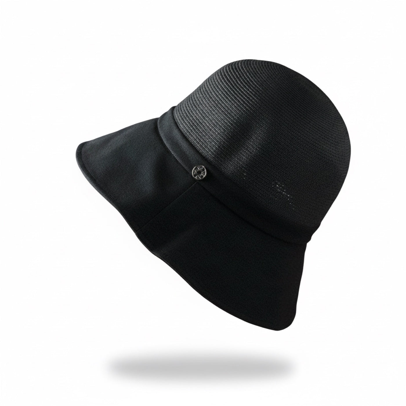 Straw Bucket Hat with Linen Band - Black, side view on white background