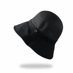 Straw Bucket Hat with Linen Band - Black, side view on white background