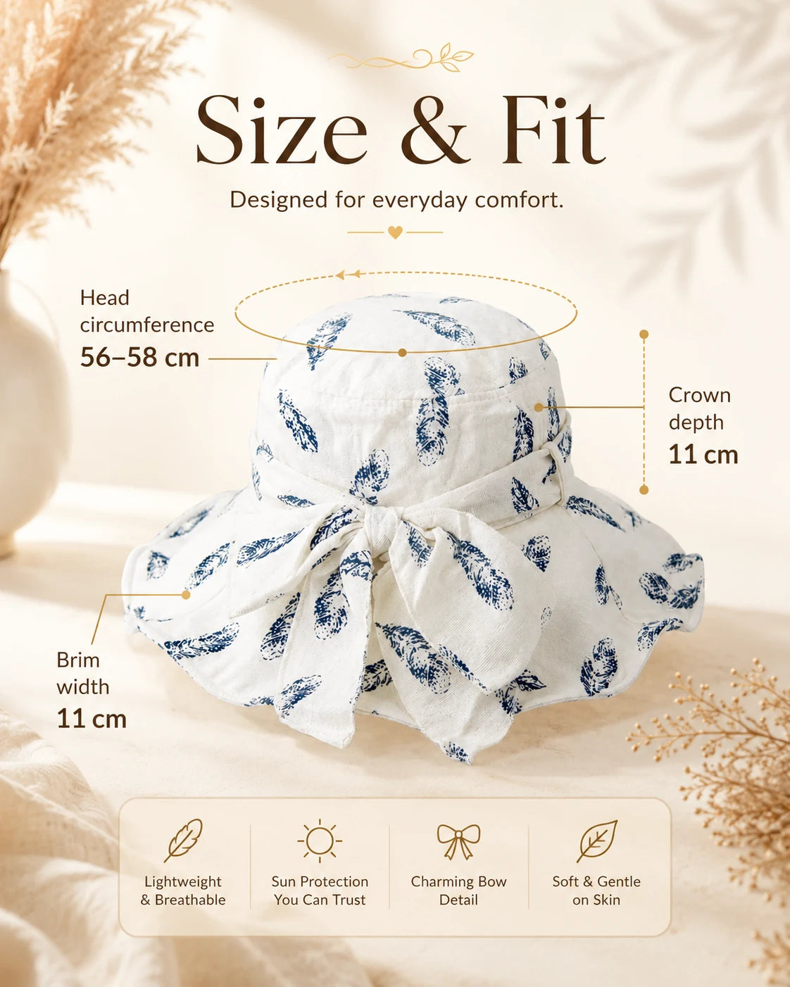 Size and fit: head 56-58cm, brim 11cm, crown depth 11cm