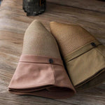 Straw Bucket Hat with Linen Band collapsible feature - Pink and Camel colors