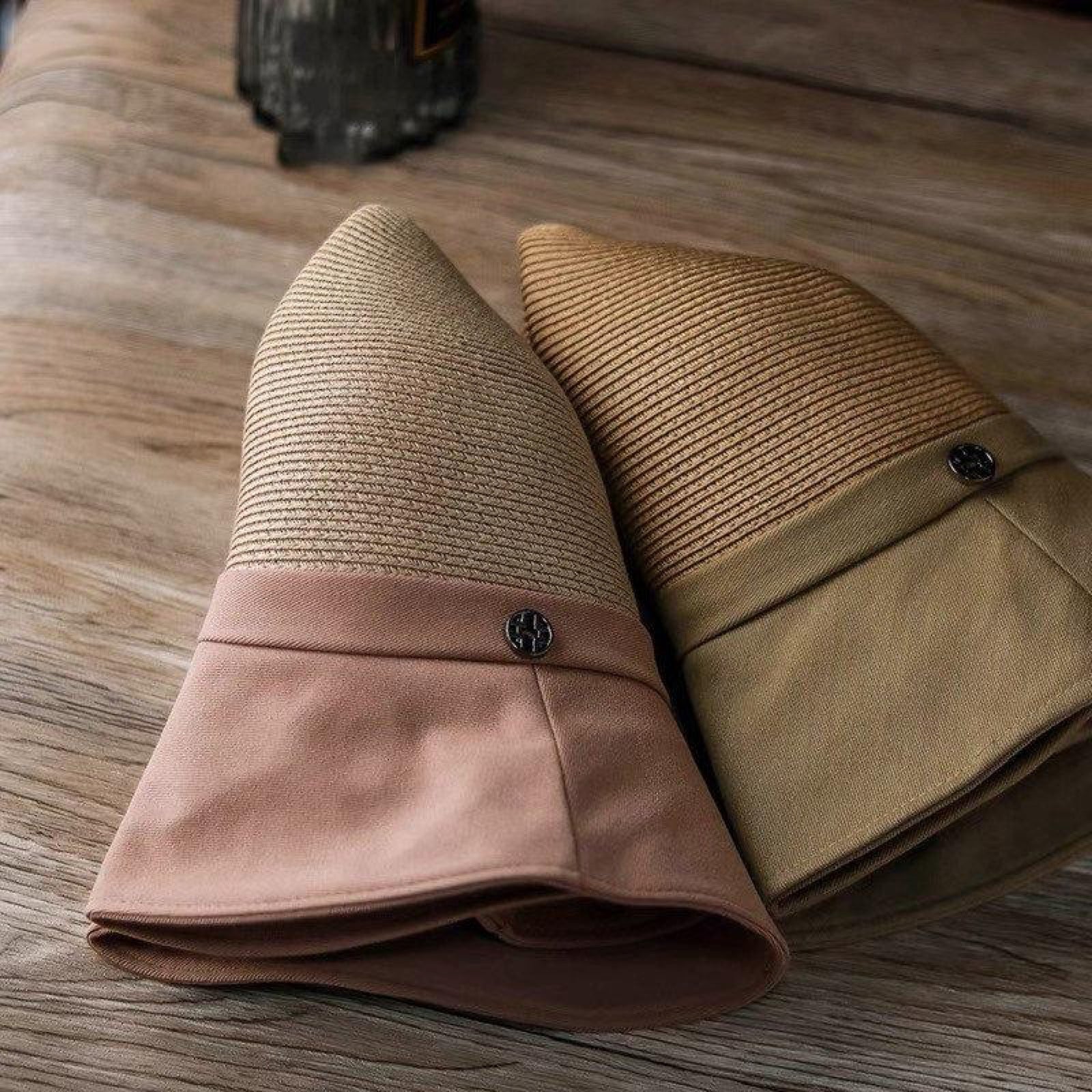 Straw Bucket Hat with Linen Band collapsible feature - Pink and Camel colors