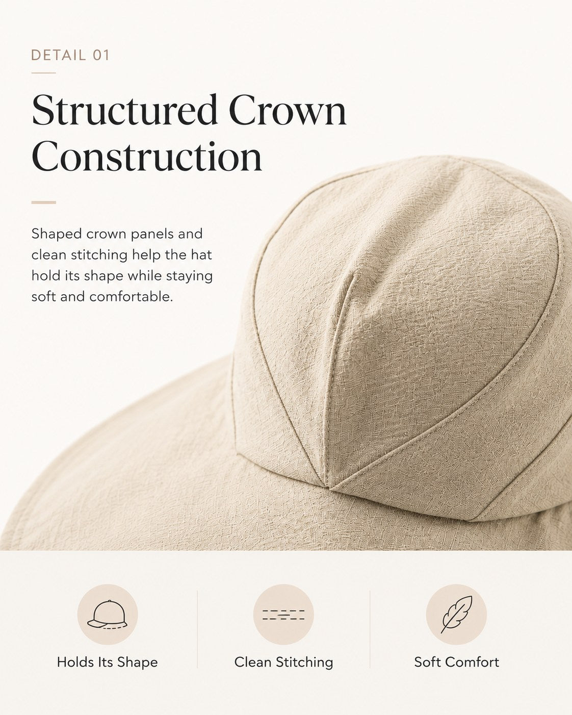 Structured crown construction detail — shaped panels and clean stitching