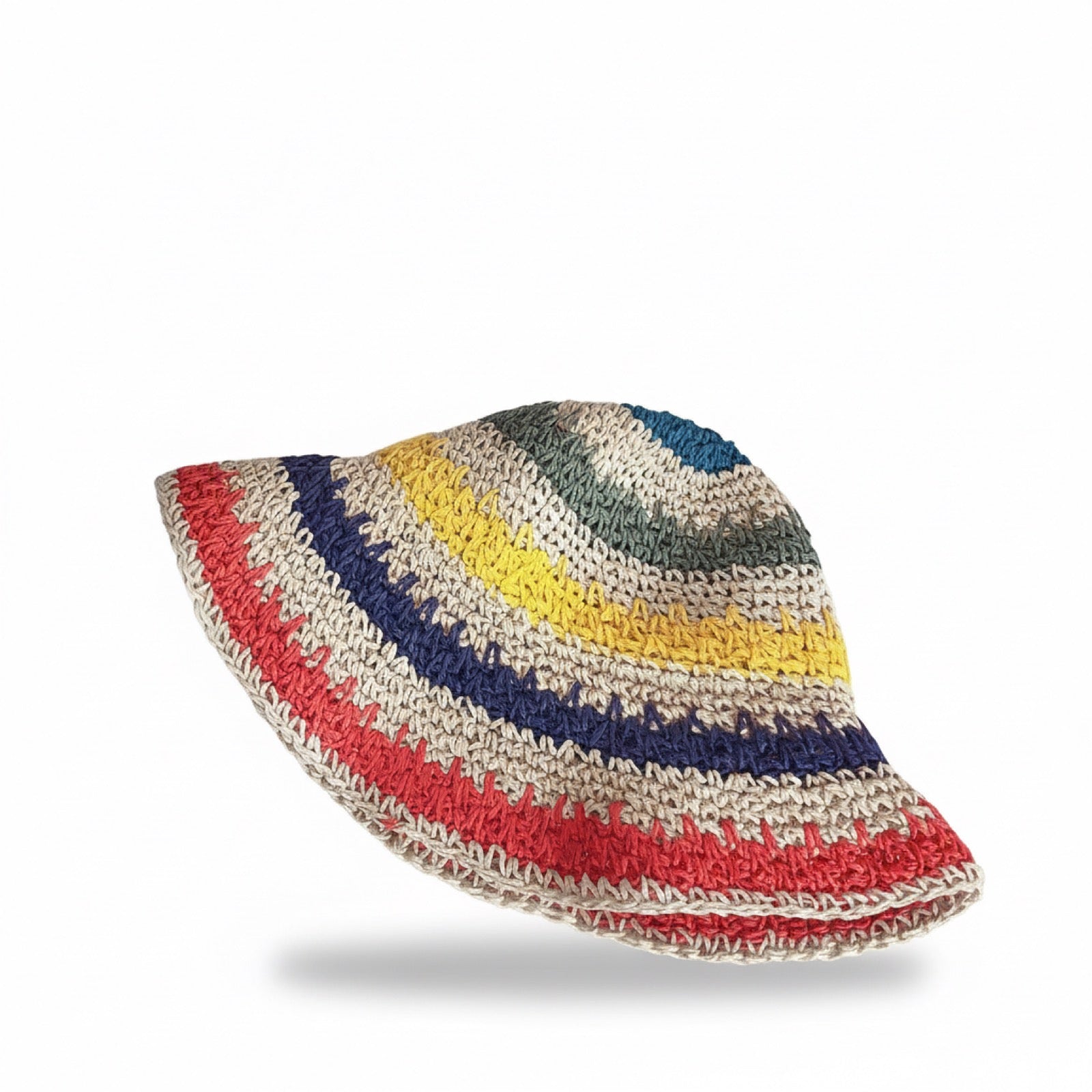 Colourful rainbow straw hat laid flat showing full stripe design