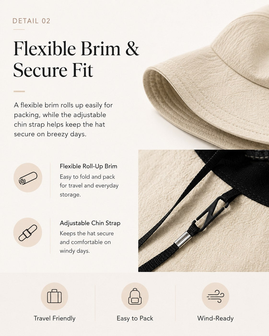 Flexible roll-up brim and adjustable chin strap detail