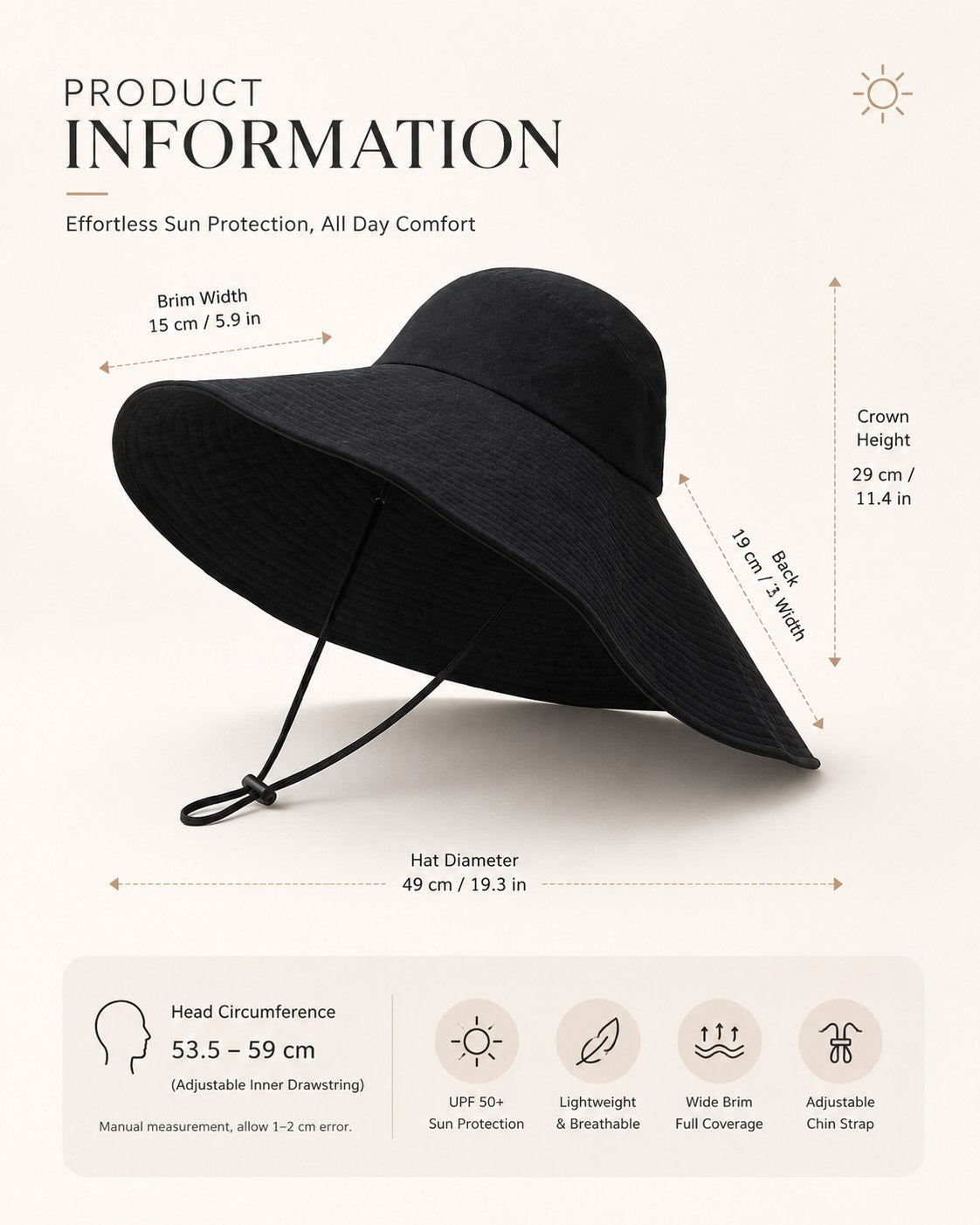 Product specifications — brim 15cm, crown 29cm, diameter 49cm, head 53.5-59cm, UPF 50+