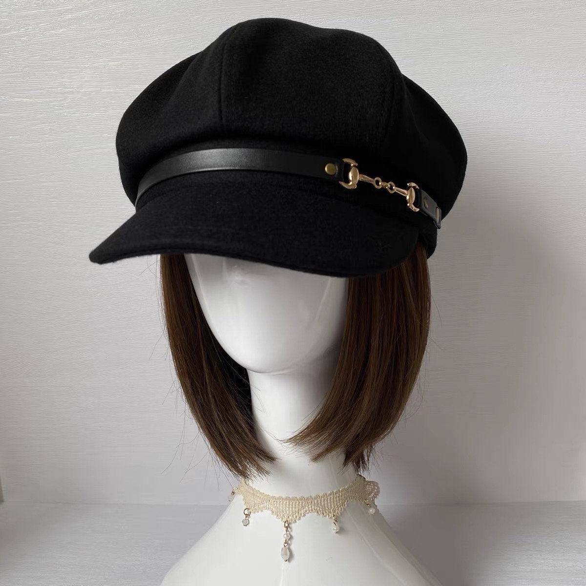 Vintage Black Lambswool Newsboy Cap Gold Chain Accent Black Chauffeur Hat Classic Vintage Newsboy Cap with Gold  main image 3
