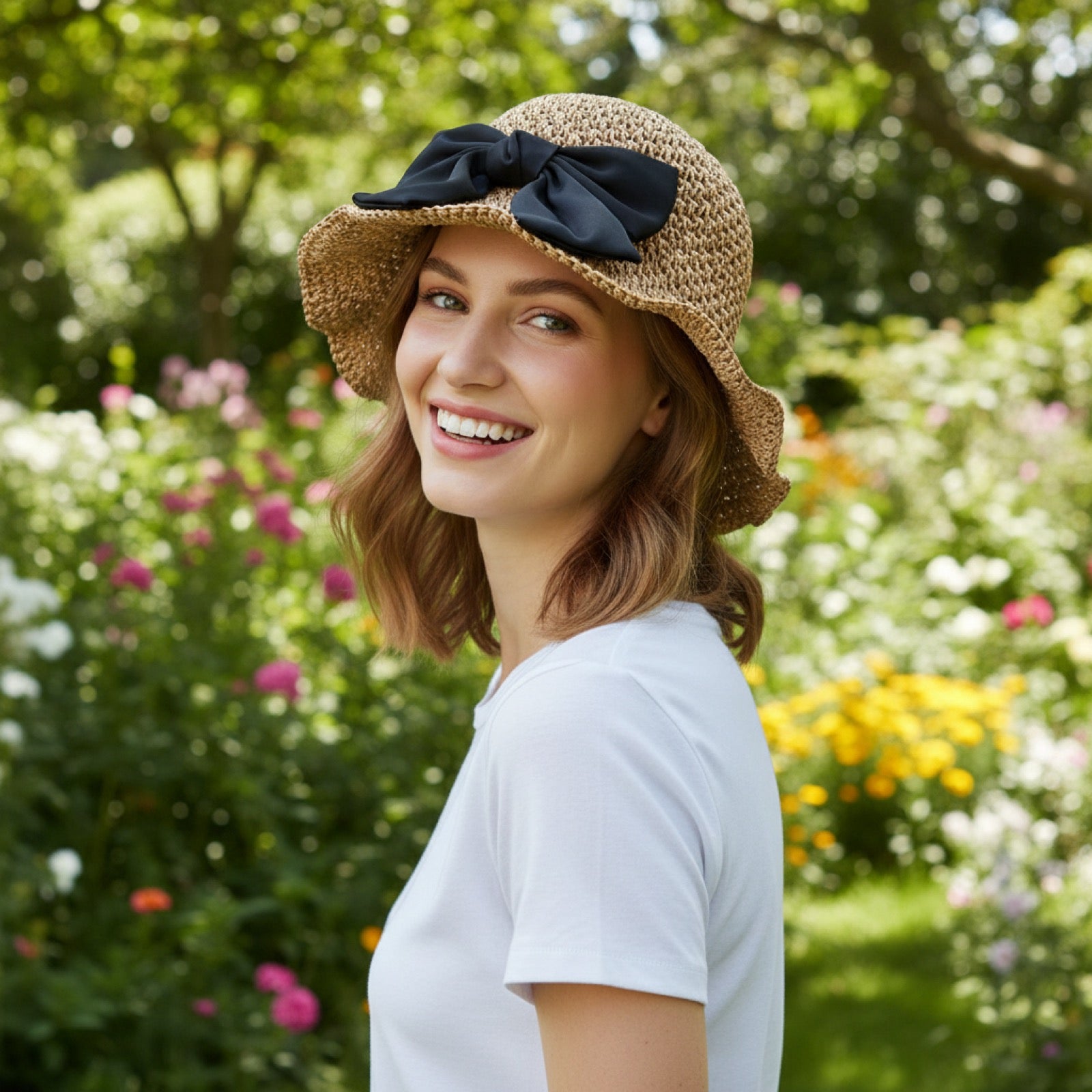 Woman wearing straw beach hat with bow, garden setting, three-quarter view