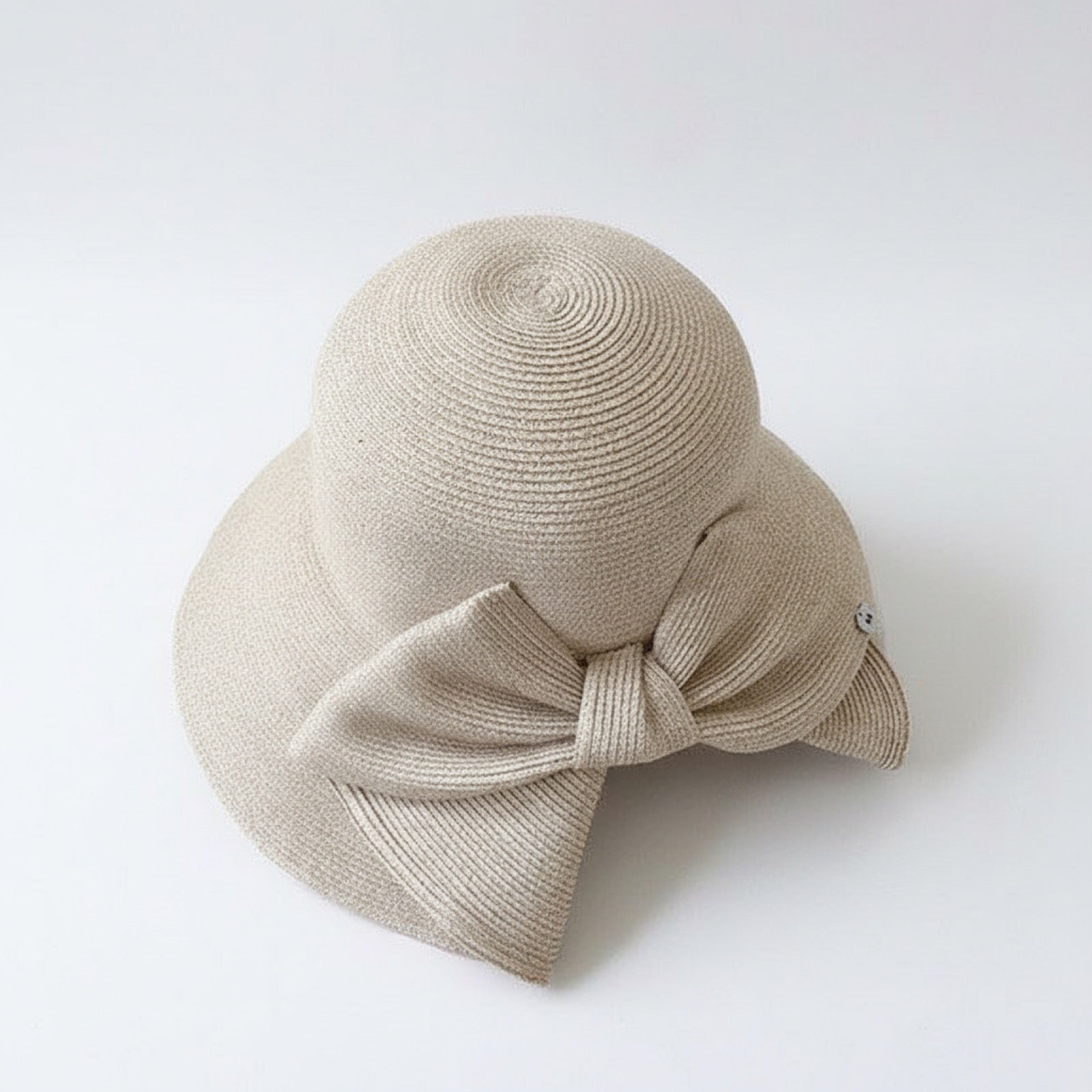 Wide Brim Straw Hat with Bow in Beige - Front View