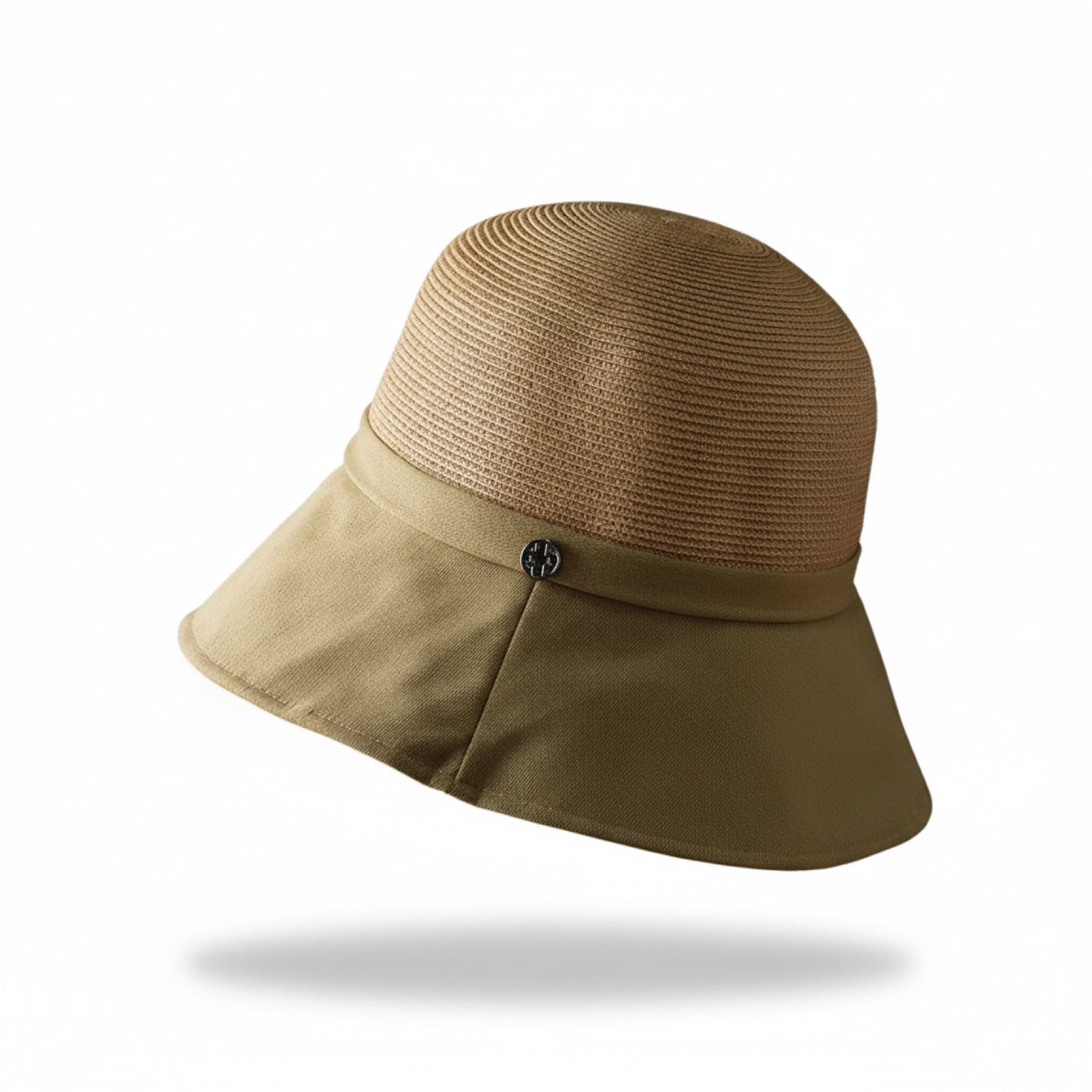 Straw Bucket Hat with Linen Band - Camel, three-quarter view on white background