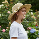 Side Profile of Woman Wearing Wide Brim Daisy Straw Hat - Scalloped Edge Beach Sun Hat