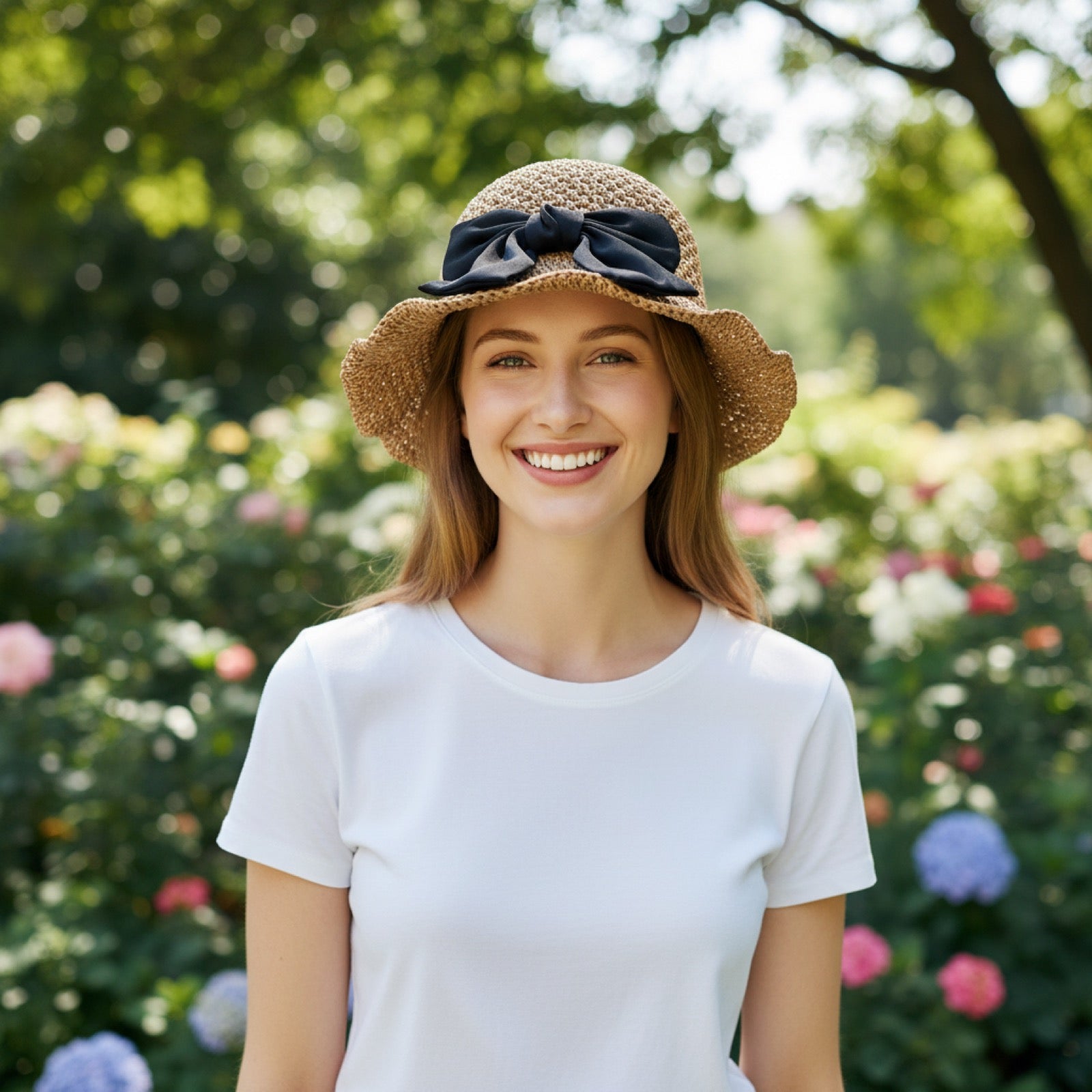 Woman wearing camel straw sun hat with bow, outdoor garden, front view