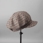Plaid cotton newsboy cap in brown houndstooth — baker boy hat, apple jack hat style, adjustable unisex spring headwear