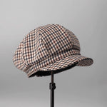 Plaid cotton newsboy cap in brown houndstooth — baker boy hat, apple jack hat style, adjustable unisex spring headwear