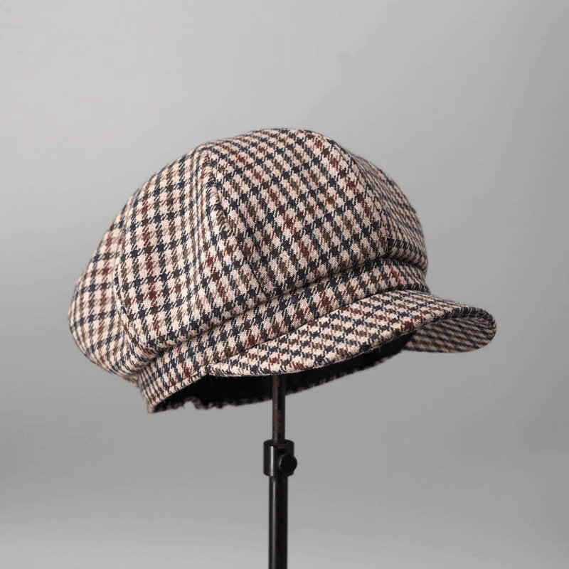 Plaid cotton newsboy cap in brown houndstooth — baker boy hat, apple jack hat style, adjustable unisex spring headwear