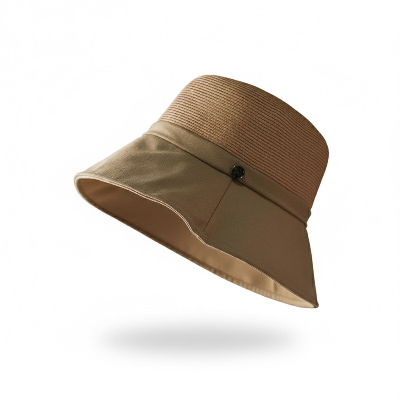 Straw Bucket Hat with Linen Band - Camel, side profile on mannequin