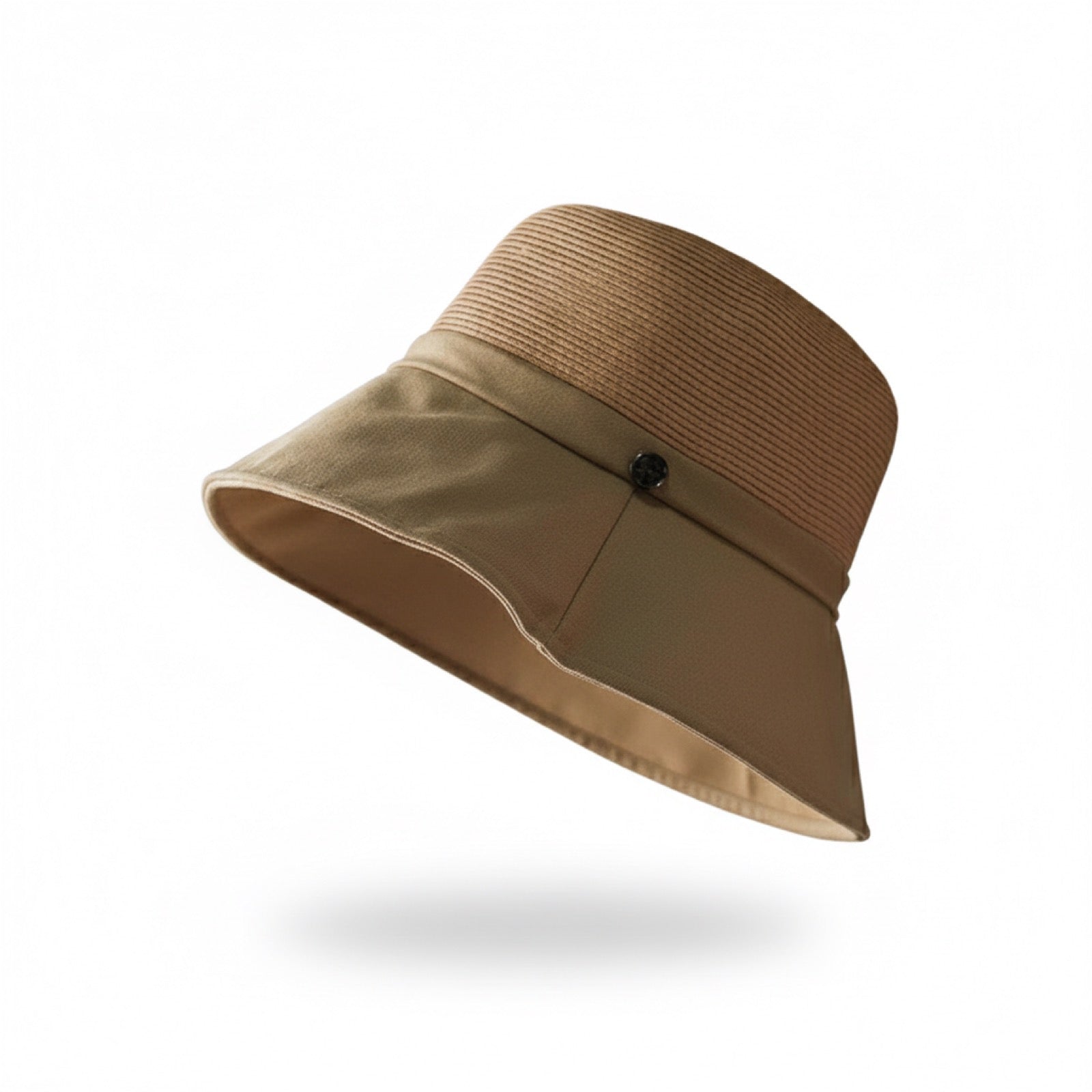 Straw Bucket Hat with Linen Band - Camel, side profile on mannequin