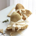 Both color variants of scalloped straw hat with lace bow - beige and brown