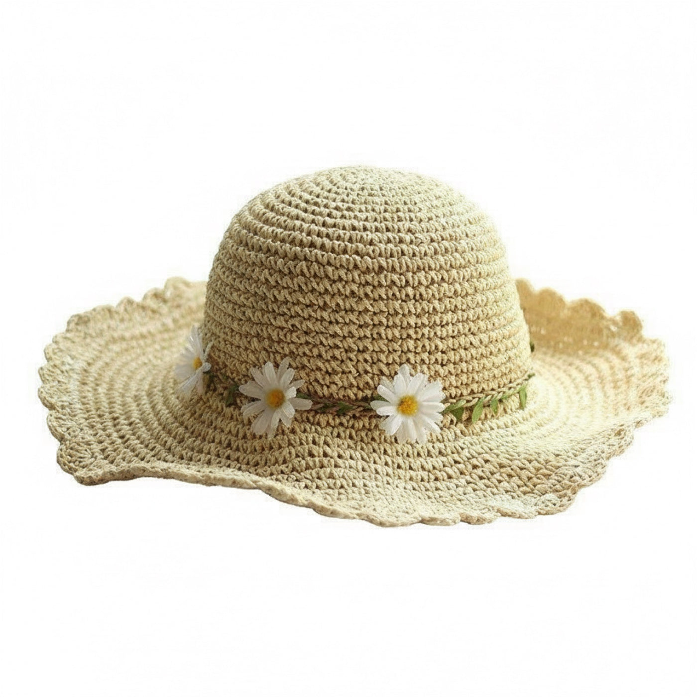 Wide Brim Daisy Straw Hat for Women - Natural Woven Straw with Daisy Flower Band - Beach Sun Hat