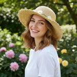 Woman in Daisy Straw Hat - Three Quarter View - Stylish Wide Brim Summer Hat Outdoor