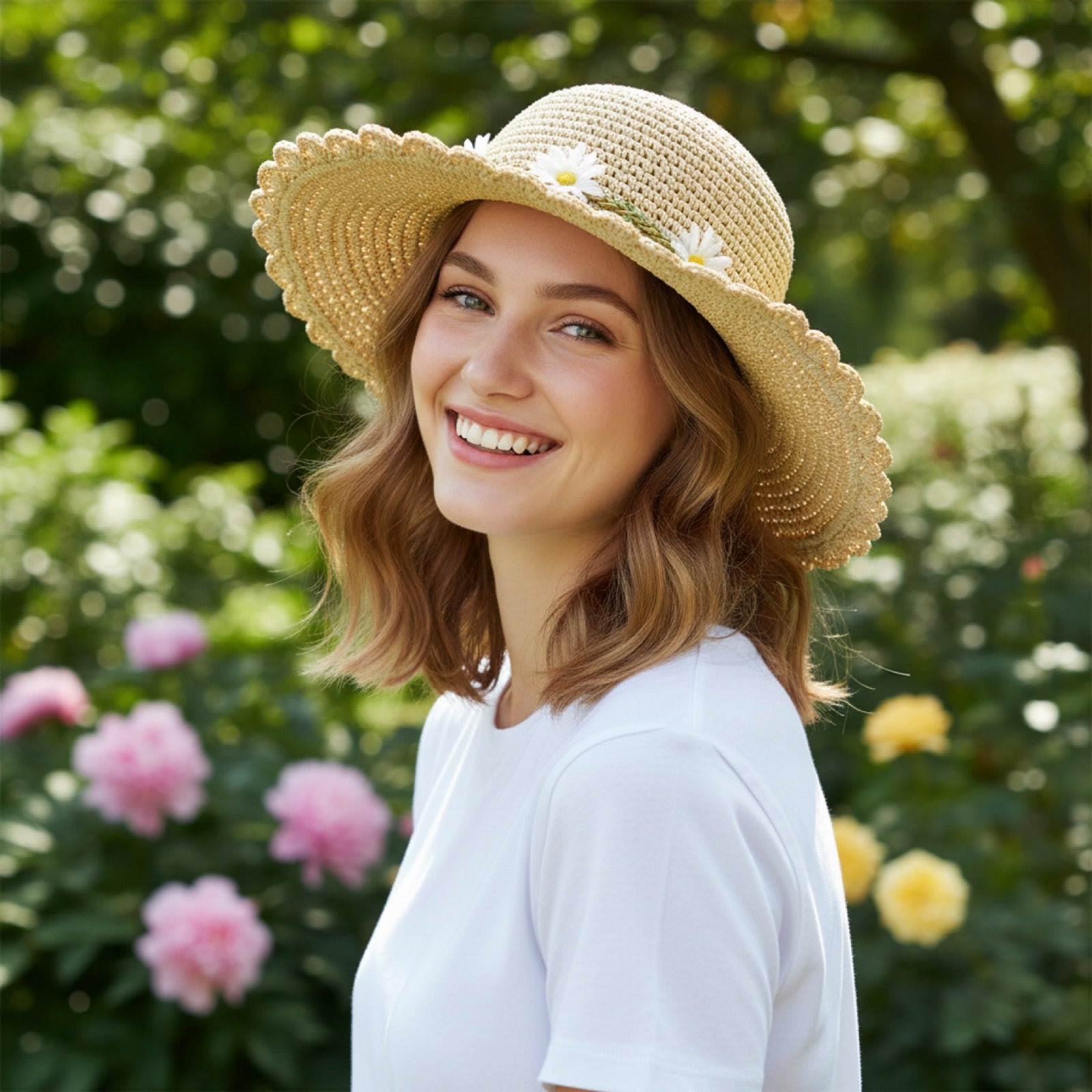 Woman in Daisy Straw Hat - Three Quarter View - Stylish Wide Brim Summer Hat Outdoor