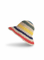Rainbow stripe straw bucket hat for women - front view on white background