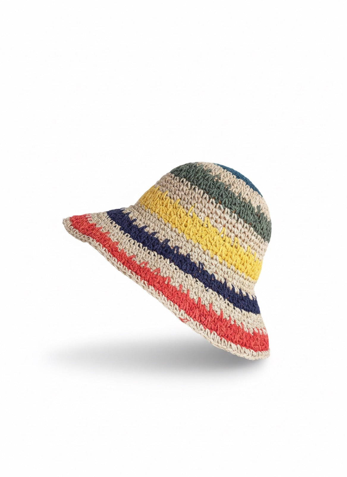 Rainbow stripe straw bucket hat for women - front view on white background
